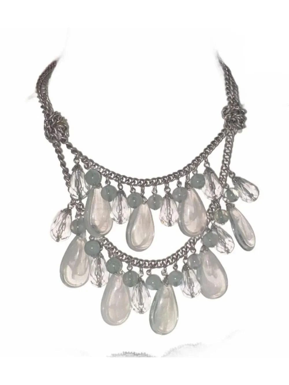 Vintage Clear Teardrop Statement Necklace with Silver Chain